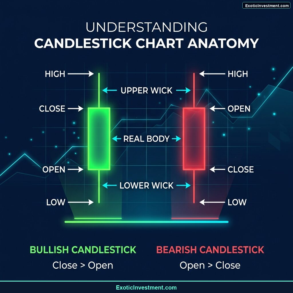 candlestick chart anatomy open high low close trading diagram