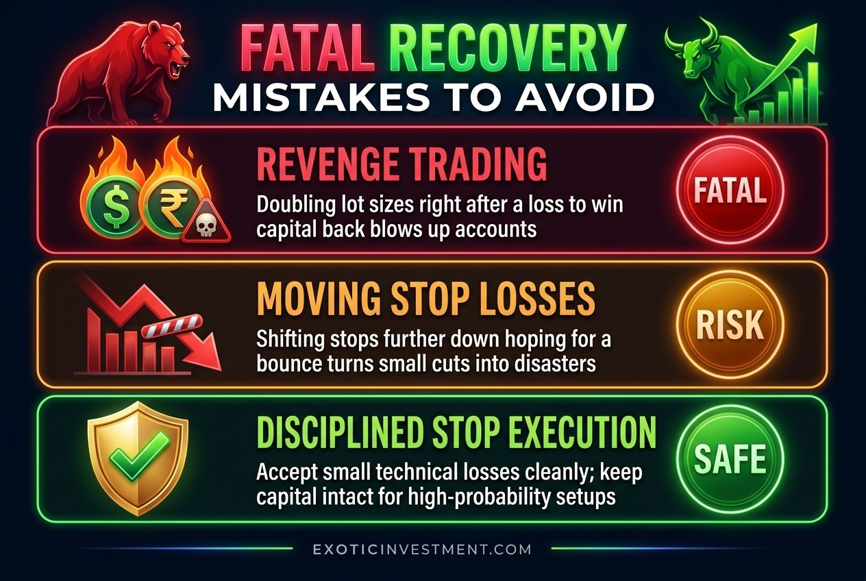 Fatal stock market recovery mistakes to avoid including revenge trading, moving stop loss orders, and disciplined stop loss execution