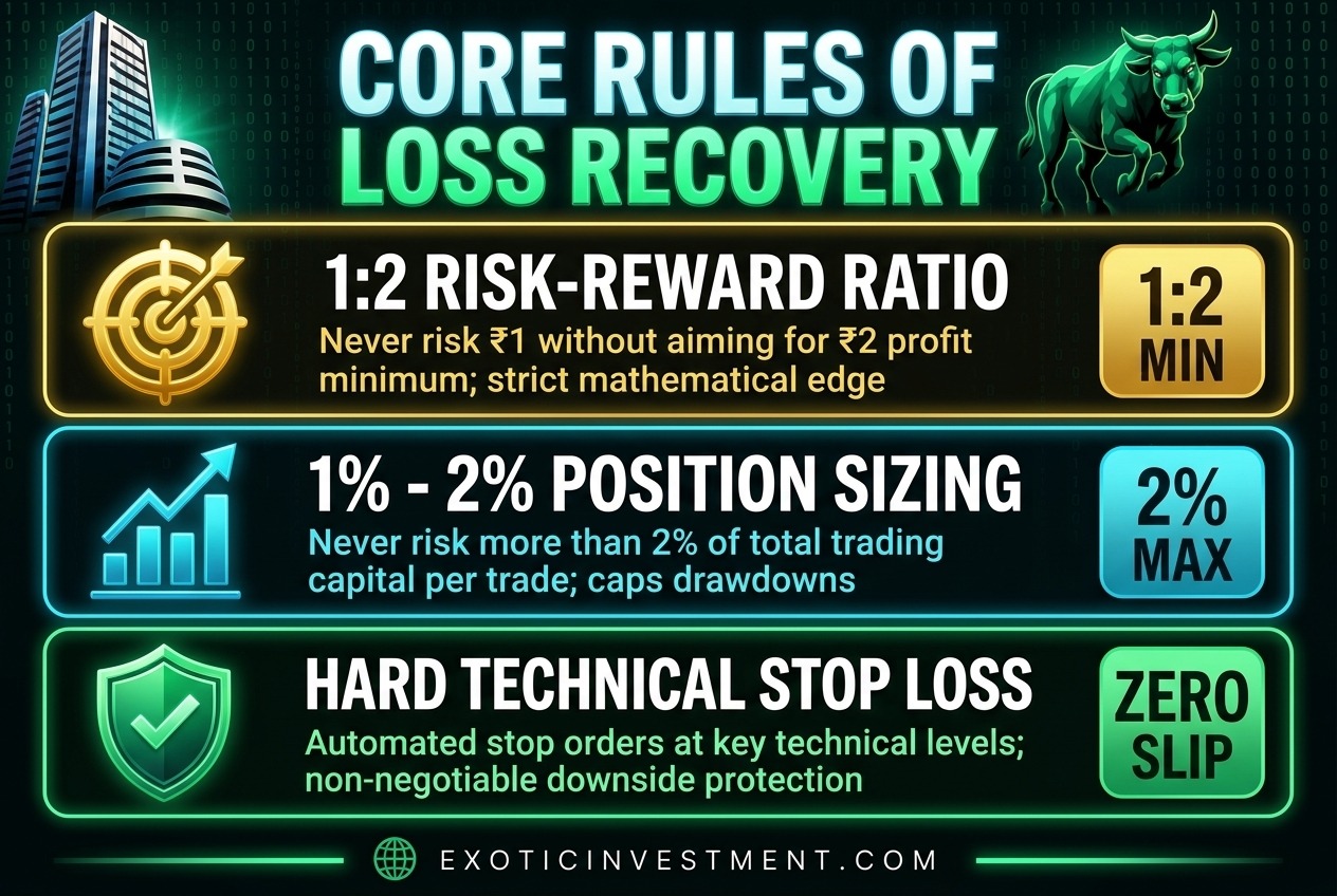 Core rules of stock market loss recovery showing 1:2 risk reward ratio, 1% to 2% position sizing, and hard technical stop loss limits in Indian trading