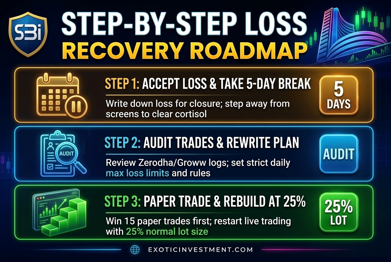 Step-by-step stock market loss recovery roadmap showing 5-day emotional break, trading journal audit, and 25% lot size paper trading strategy